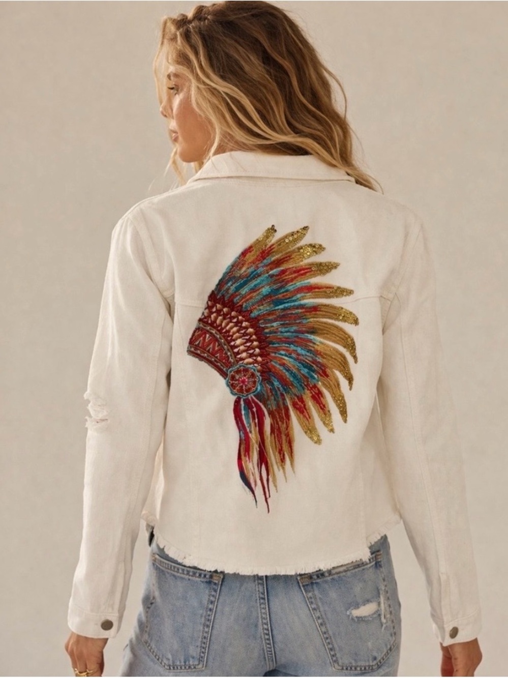 Savanna Jane White Denim Jacket with Colorful Embroidered Headdress